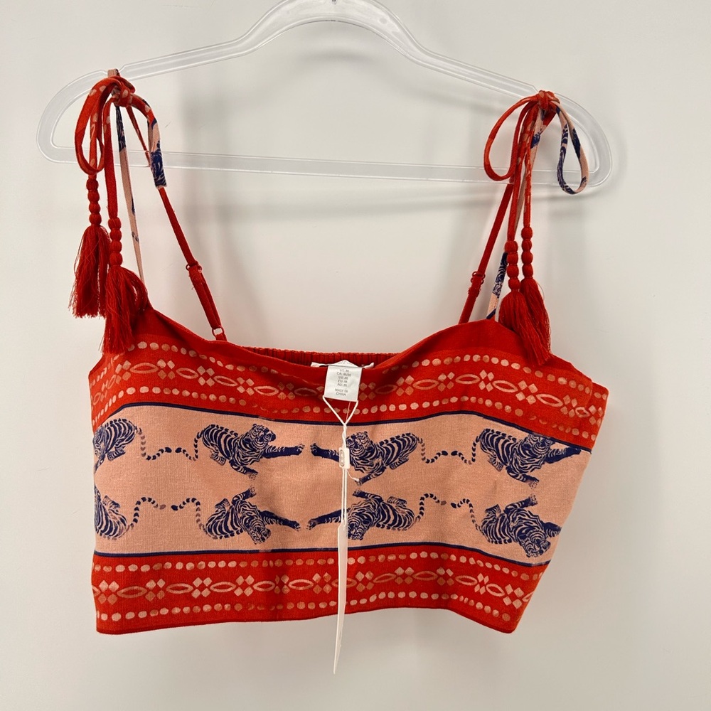 Caroline Constas Linen Blend Orange Blue Crop Top Tiger print M